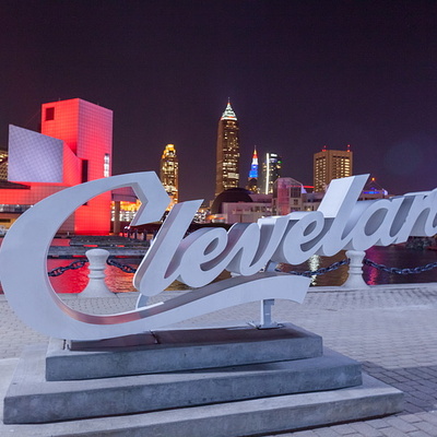 Cleveland, OH Skyline from Lake - Script Sign - Rock & Roll Hall of Fame